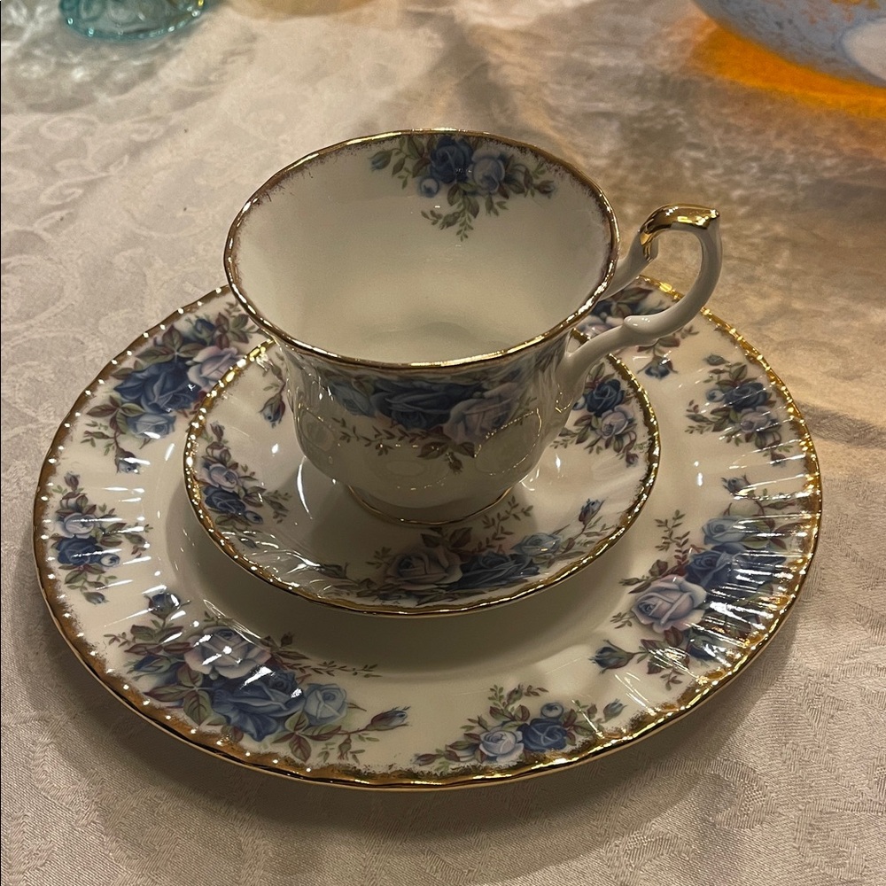 Vintage Royal Albert Blue and Gold Floral Teacup Set of 3 “ moonlight rose “